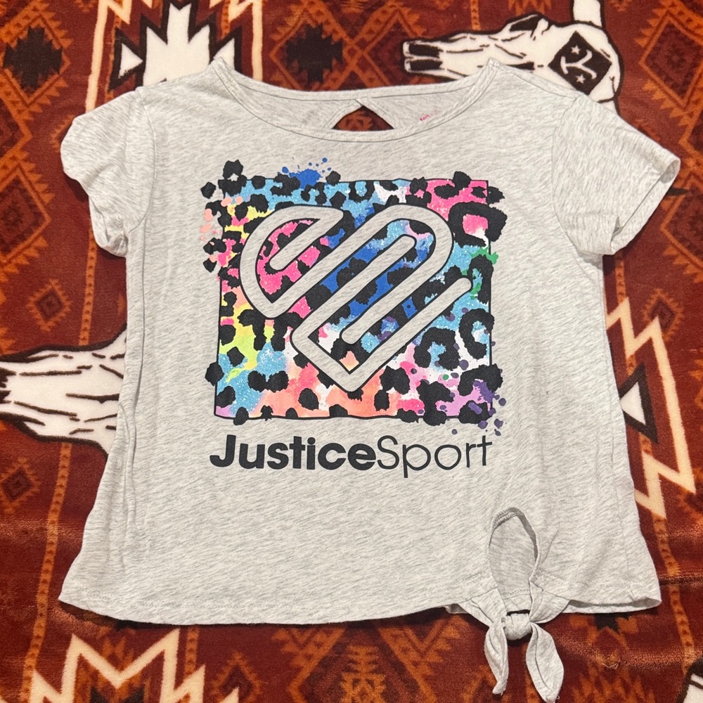 Justice Gray Short-Sleeve Tee with Rainbow Leopard Heart and Front Tie